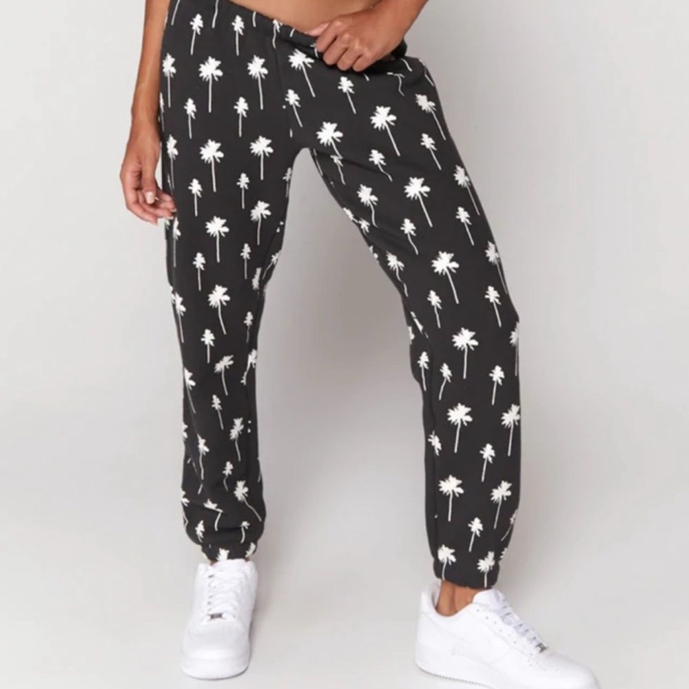 Spiritual Gangster Black Palm Tree Print Jogger Perfect Terry Sweatpants Small S